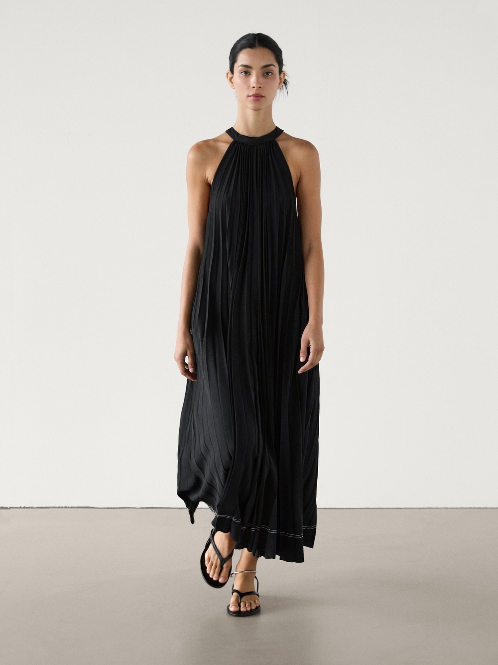 Massimo Dutti Black Pleated Halter Maxi Dress Resort Evening Vacation S
